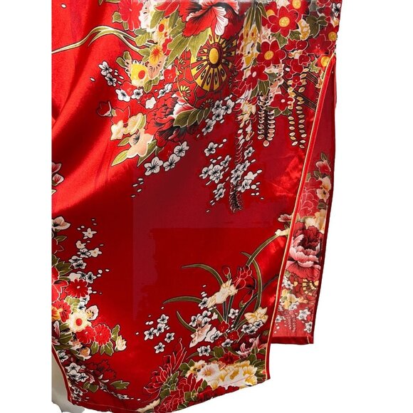 Asian Chinese Red Floral Dress S ? M? Mandarin Collar Short Slvs. Long Slits NWT - Picture 14 of 16